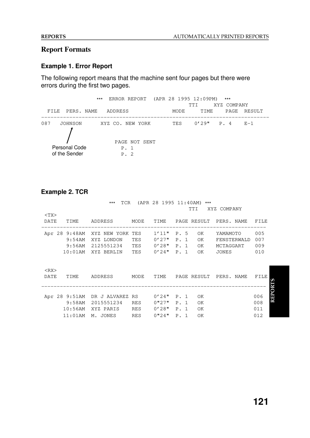 Ricoh 2400L manual 121, Report Formats, Example 1. Error Report, Example 2. TCR 