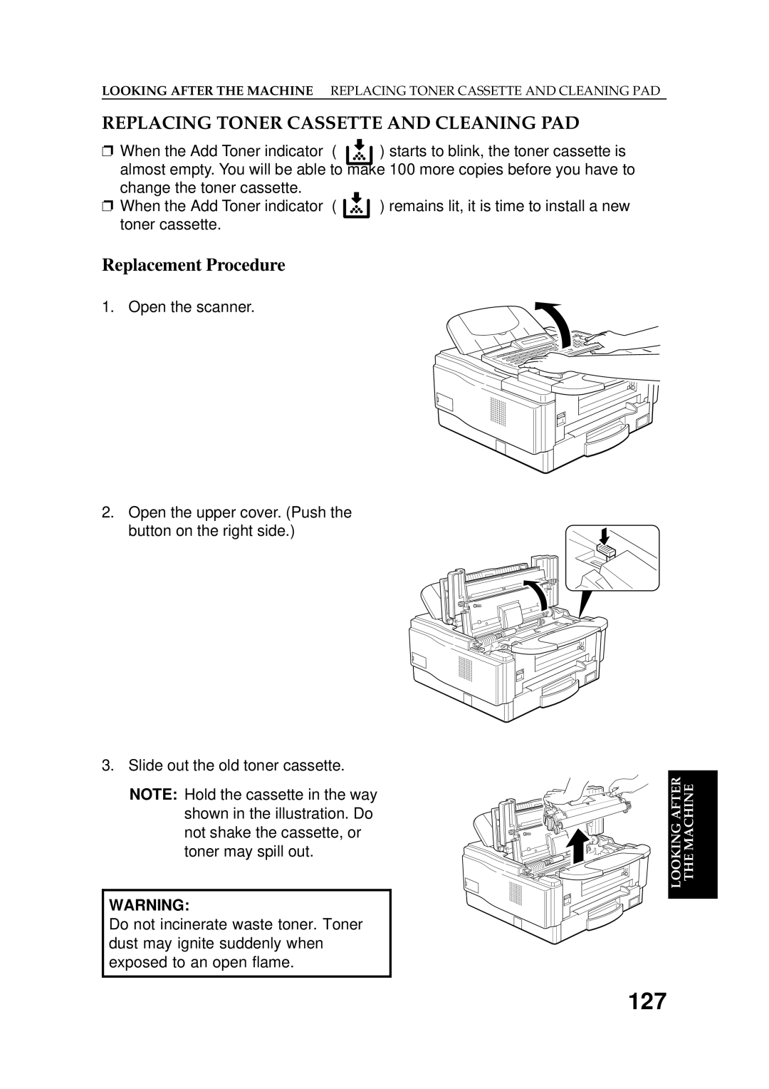 Ricoh 2400L manual 127, Replacing Toner Cassette and Cleaning PAD, Replacement Procedure 