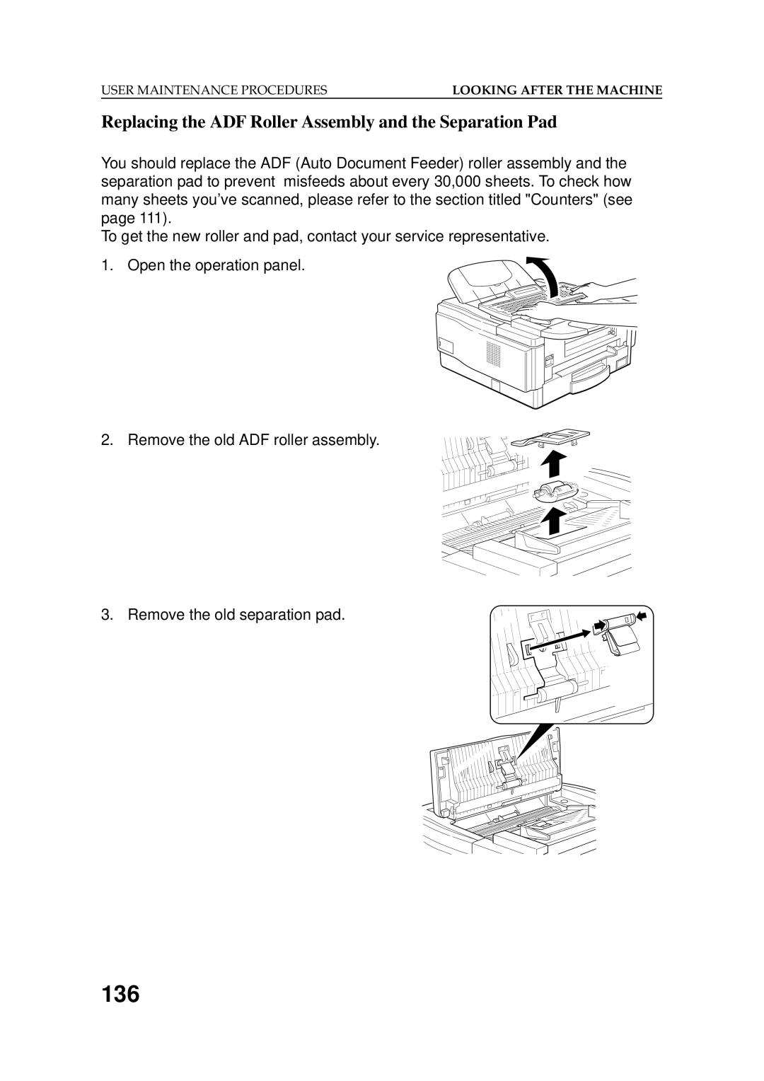 Ricoh 2400L manual 136, Replacing the ADF Roller Assembly and the Separation Pad 