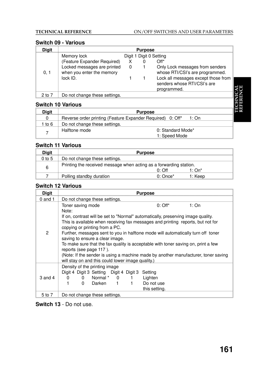 Ricoh 2400L manual 161, Switch 09 Various, Switch 10 Various, Switch 11 Various, Switch 12 Various 