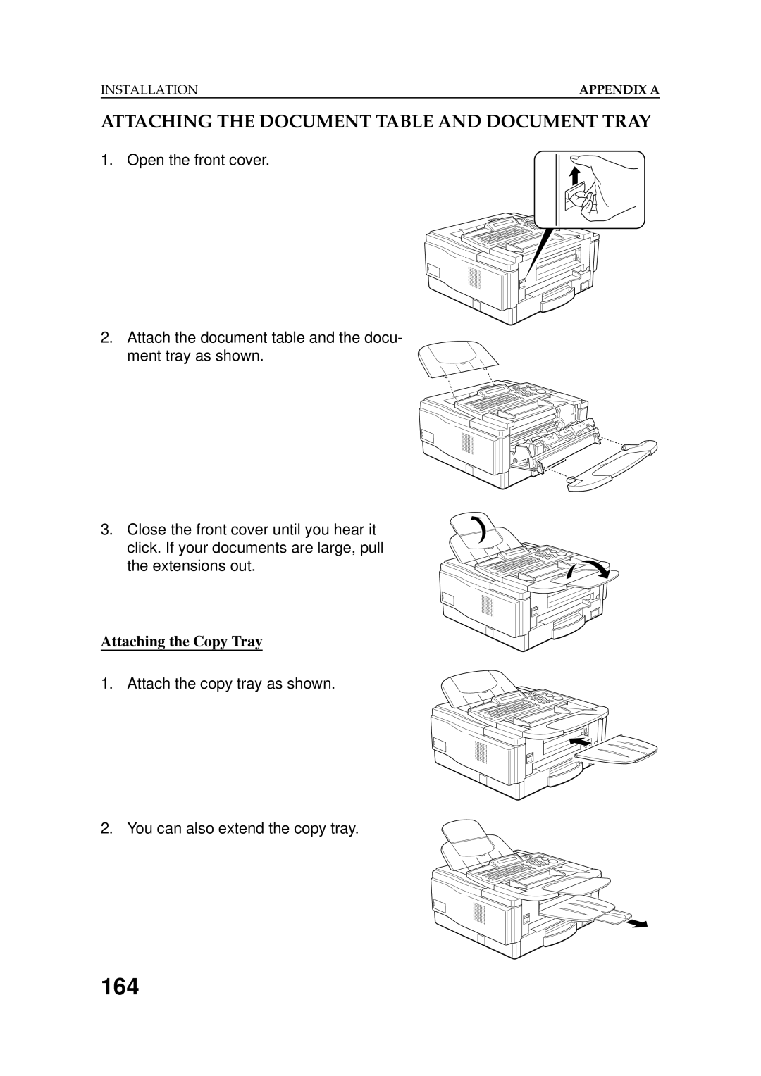 Ricoh 2400L manual 164, Attaching the Document Table and Document Tray, Attaching the Copy Tray 