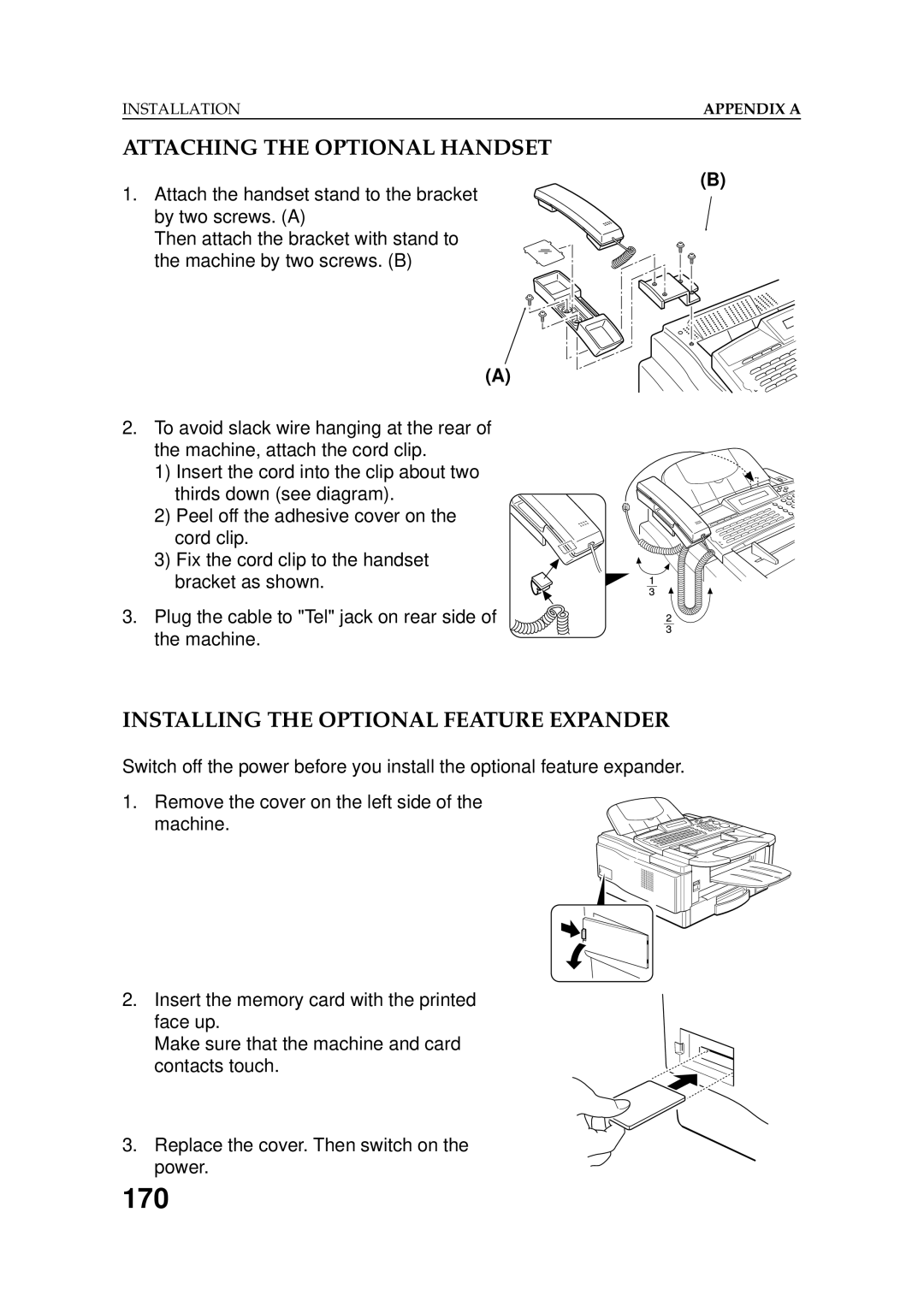 Ricoh 2400L manual 170, Attaching the Optional Handset, Installing the Optional Feature Expander 