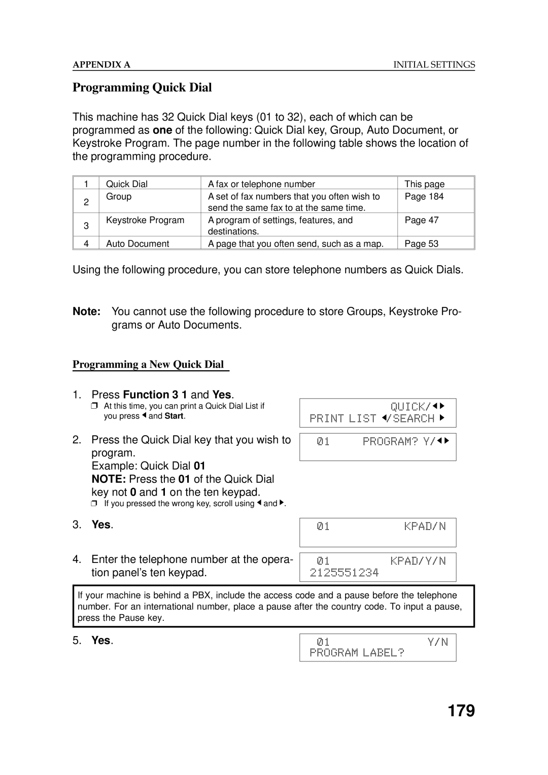 Ricoh 2400L manual 179, Programming Quick Dial, Press Function 3 1 and Yes 