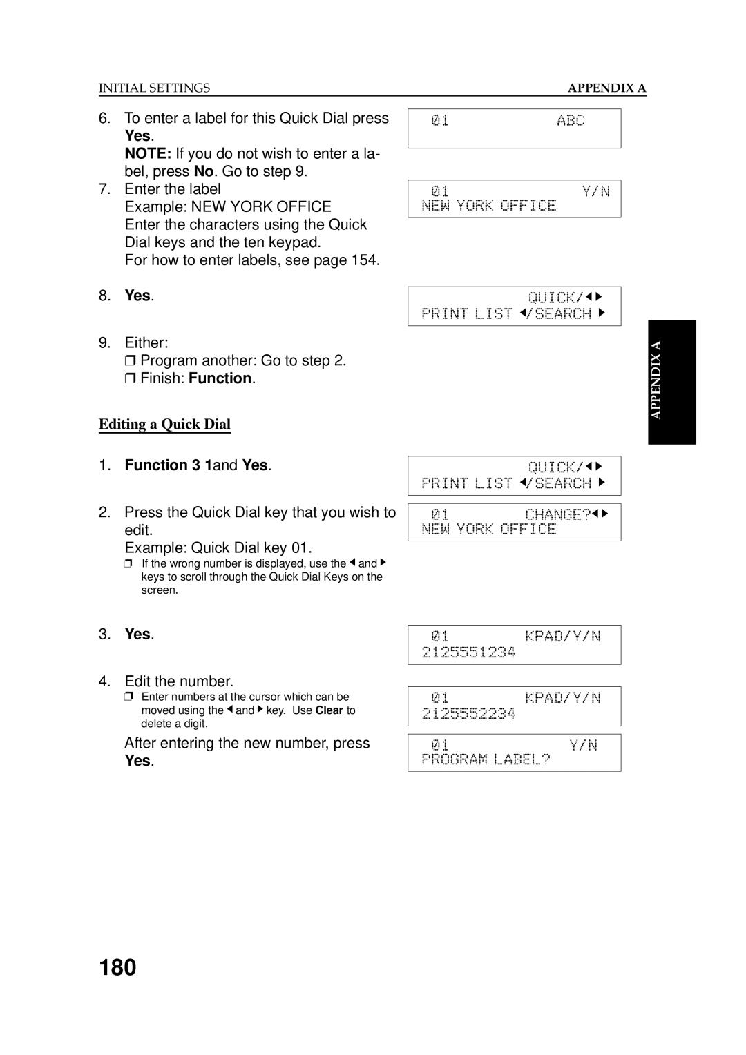 Ricoh 2400L manual 180, Editing a Quick Dial, Function 3 1and Yes 
