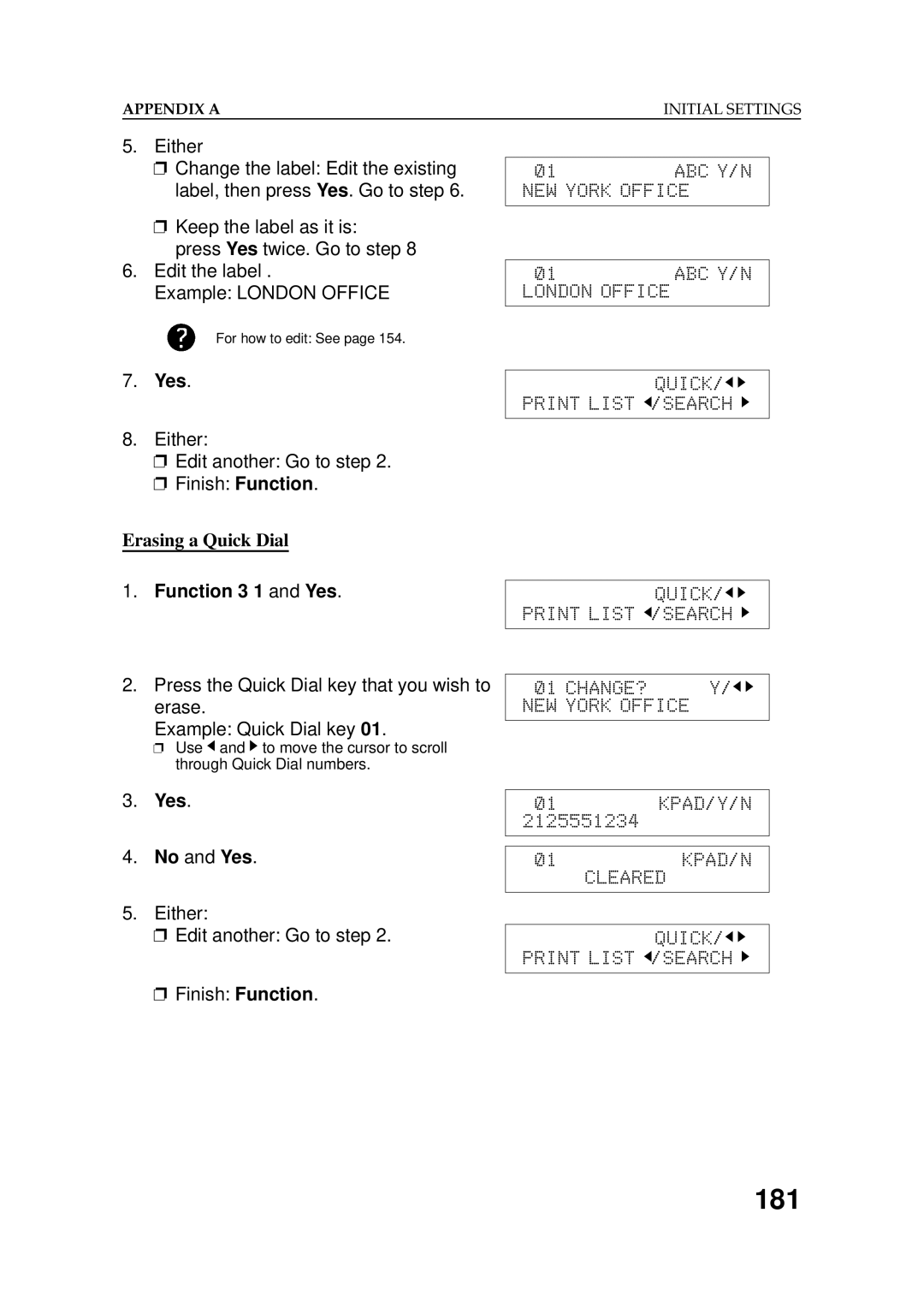 Ricoh 2400L manual 181, Erasing a Quick Dial, Function 3 1 and Yes, Yes No and Yes 