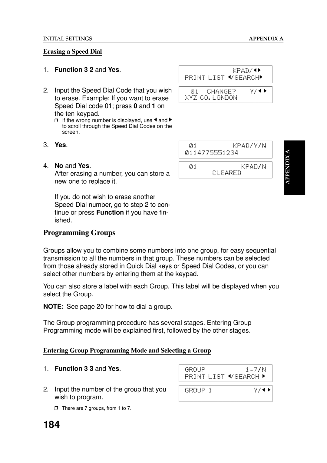 Ricoh 2400L manual 184, Programming Groups, Erasing a Speed Dial, Entering Group Programming Mode and Selecting a Group 