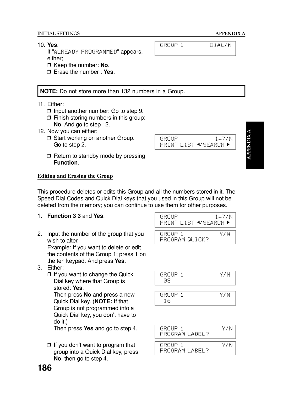 Ricoh 2400L manual 186, Editing and Erasing the Group, Function 3 3 and Yes 