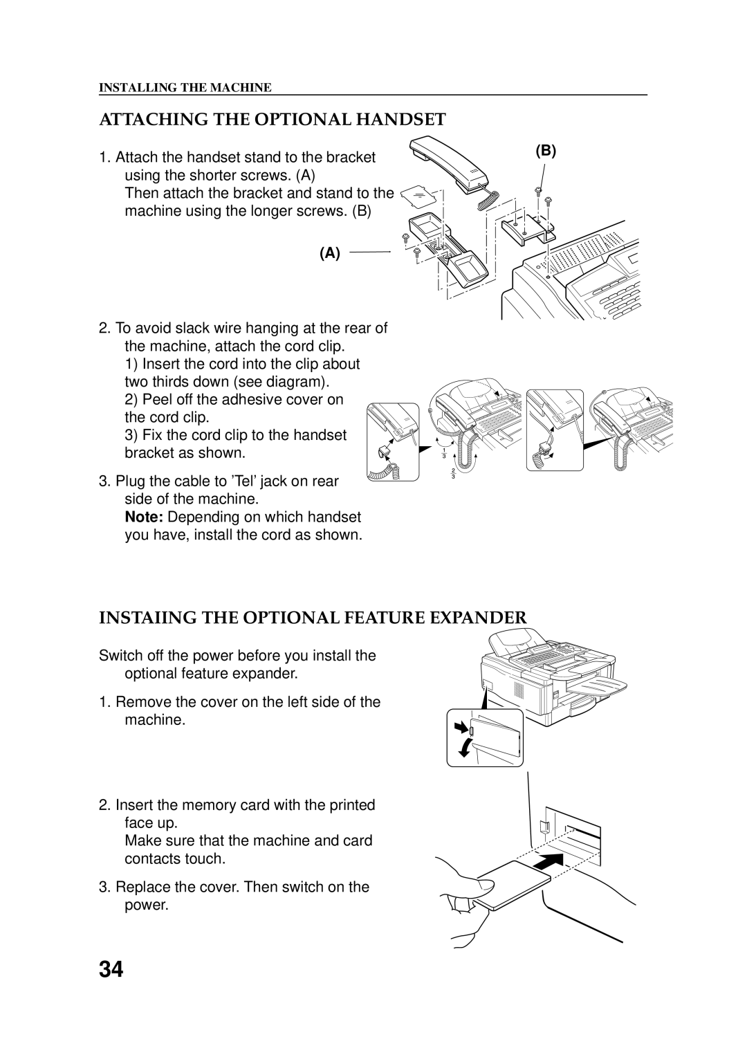 Ricoh 2400L manual Attaching the Optional Handset, Instaiing the Optional Feature Expander 