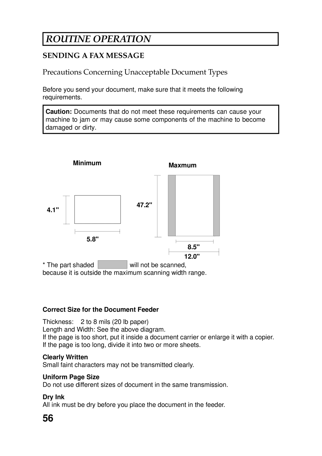 Ricoh 2400L manual Precautions Concerning Unacceptable Document Types, Minimum Maxmum 47.2 12.0 