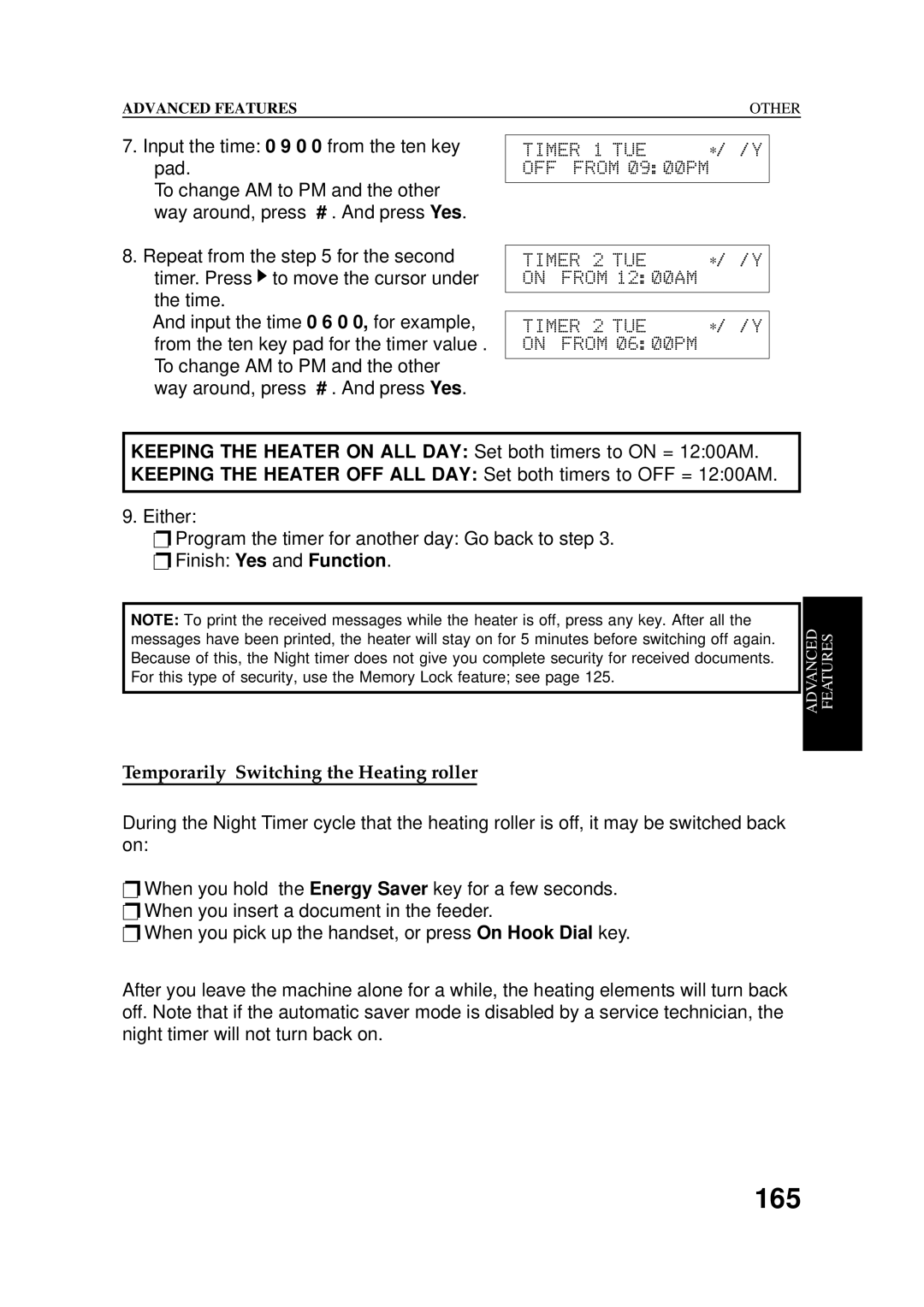 Ricoh 2400L manual OFFTIMER#1FROMTUE0900PM∗/#/Y, Temporarily Switching the Heating roller 