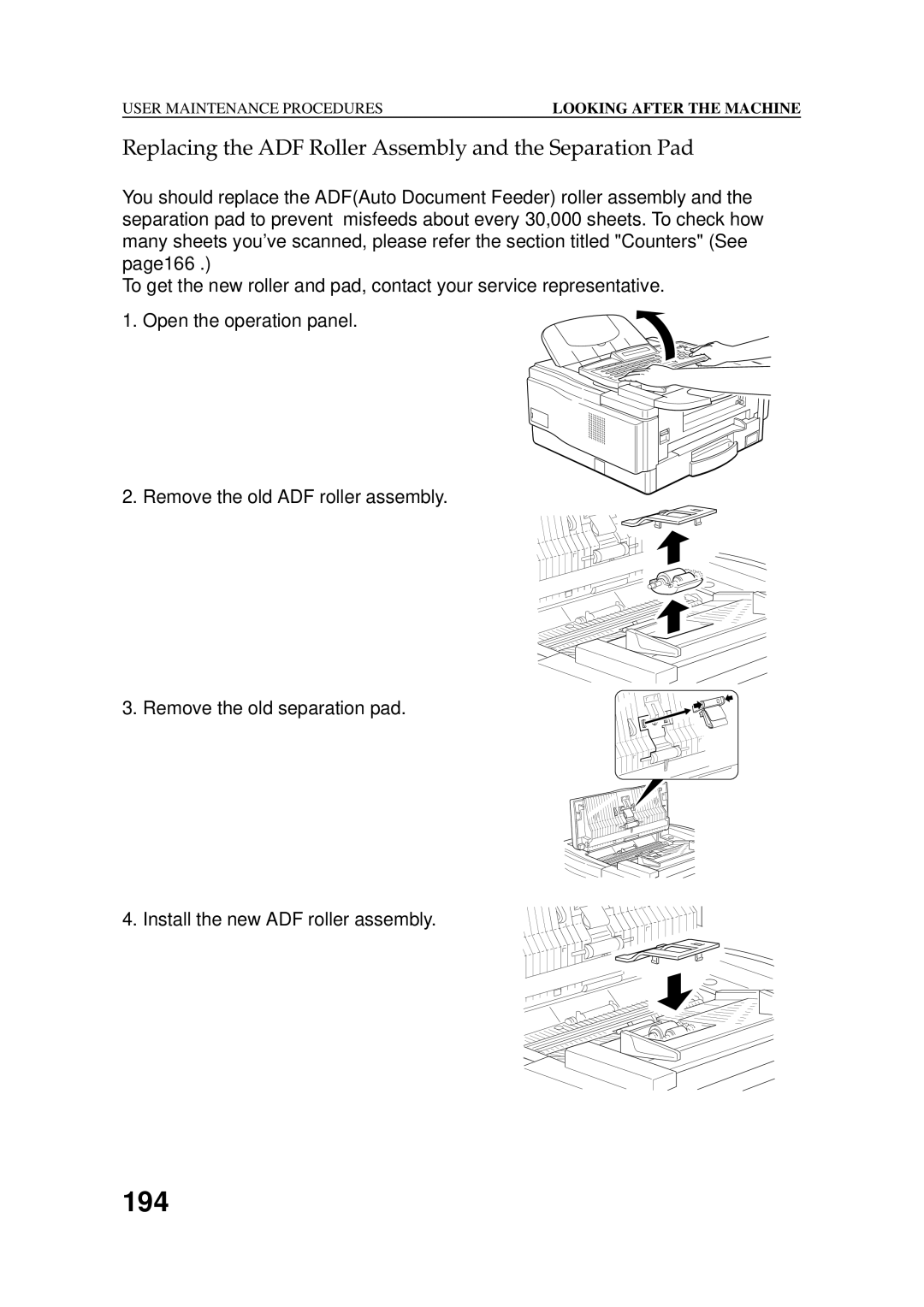 Ricoh 2400L manual 194, Replacing the ADF Roller Assembly and the Separation Pad 