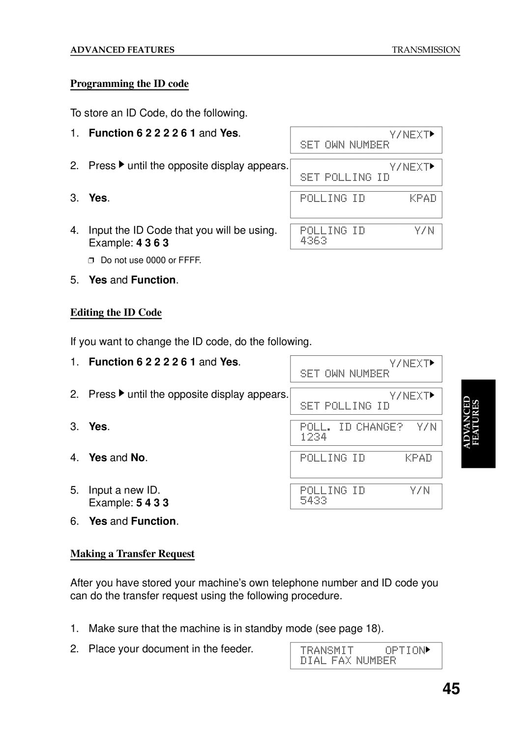 Ricoh 2400L manual Programming the ID code, Function 6 2 2 2 2 6 1 and Yes, Editing the ID Code, Yes and No 