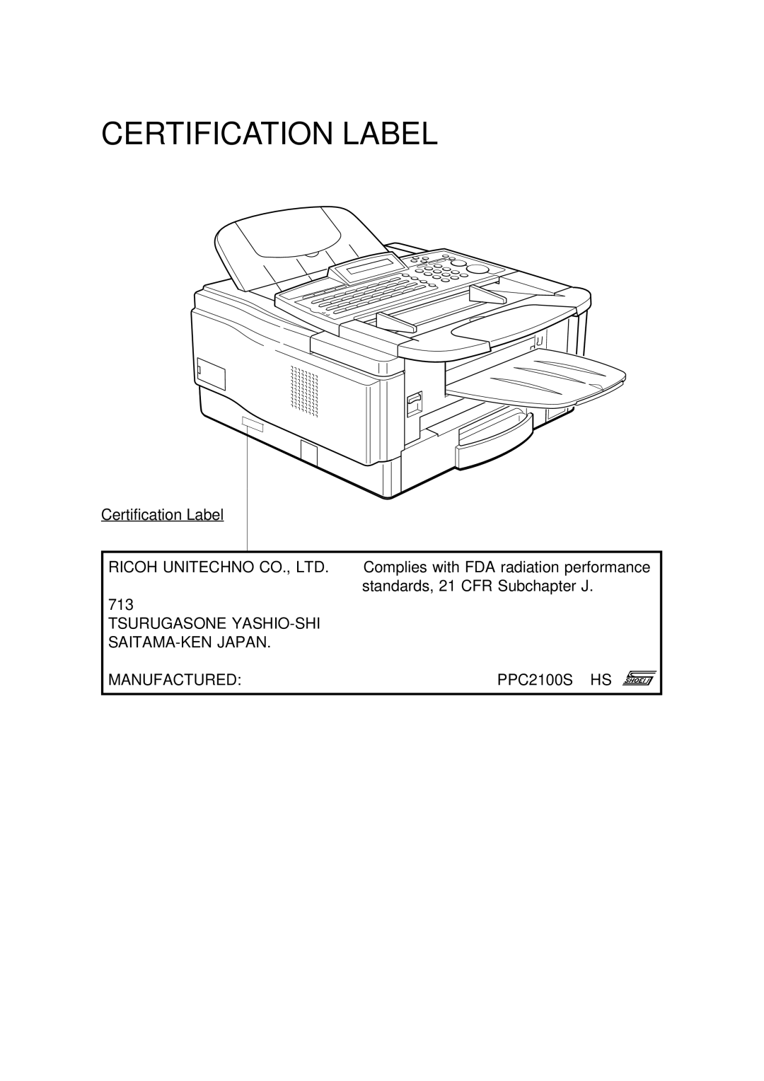 Ricoh 2400L manual Certification Label 