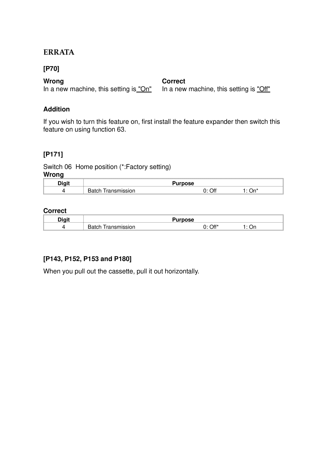 Ricoh 2400L manual Errata, P70 Wrong, Addition Correct, P143, P152, P153 and P180 