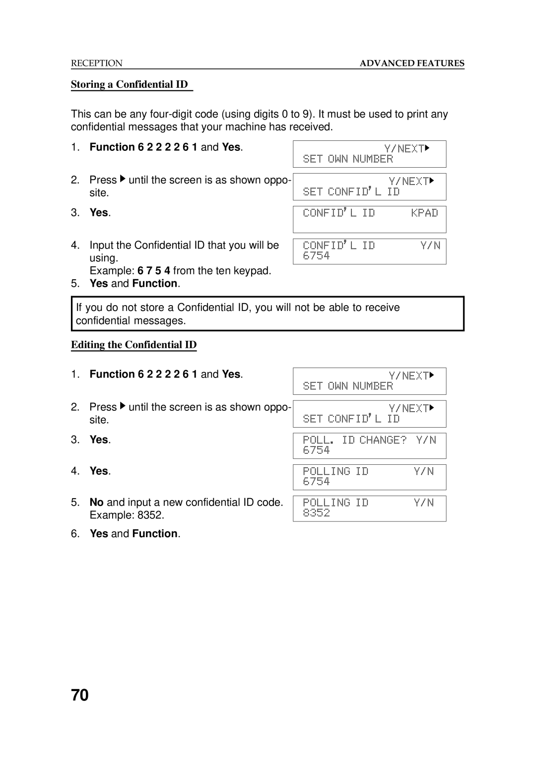 Ricoh 2400L manual 6754SETCONFIDtttt Lidkpad, Editing the Confidential ID 