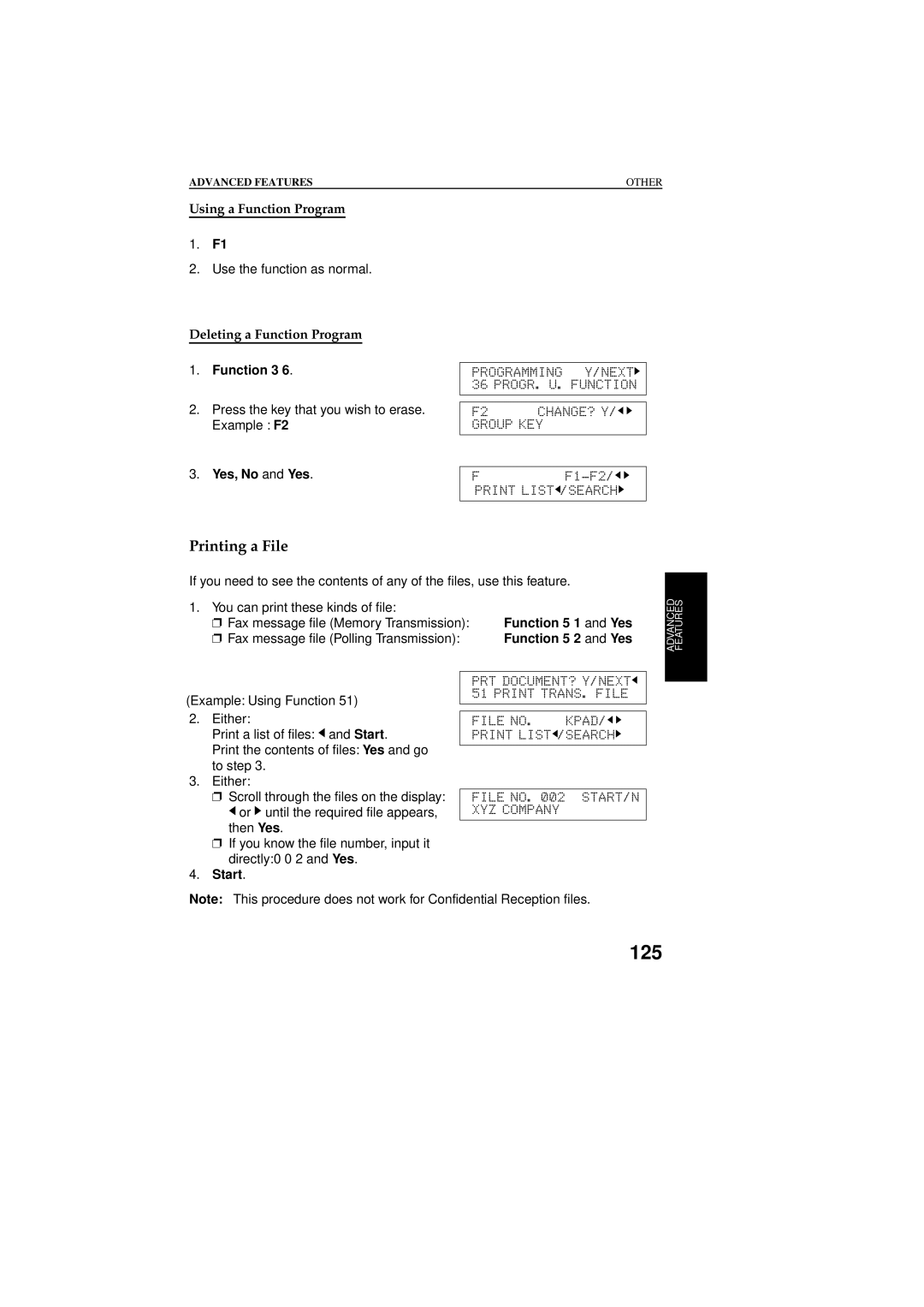 Ricoh 2400L Printing a File, Using a Function Program, Deleting a Function Program, Yes, No and Yes, Function 5 1 and Yes 