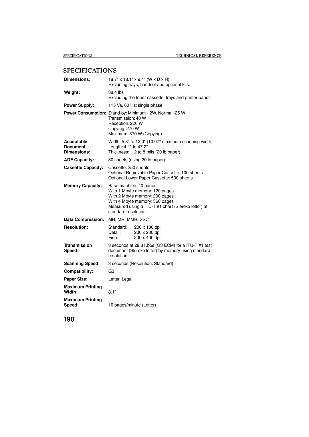 Ricoh 2400L manual Data Compression, Scanning Speed, Maximum Printing Width Speed 