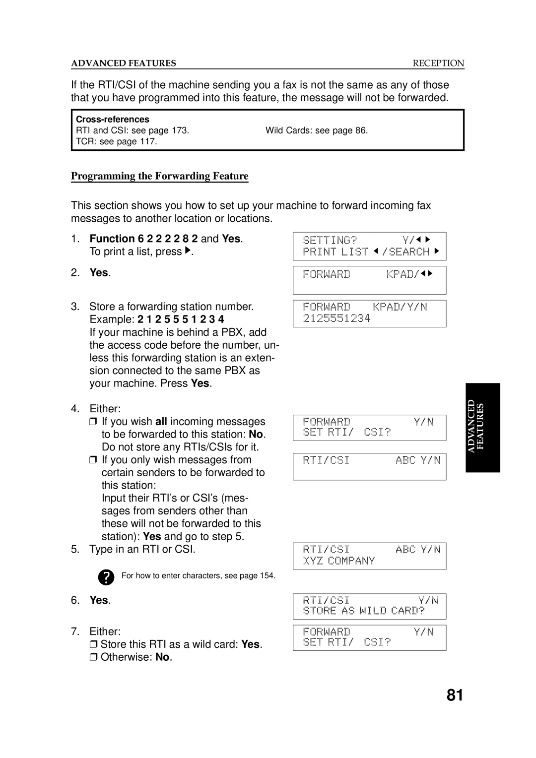 Ricoh 2400L manual Programming the Forwarding Feature, Function 6 2 2 2 2 8 2 and Yes, Example 2 1 2 5 5 5 1 2 3 