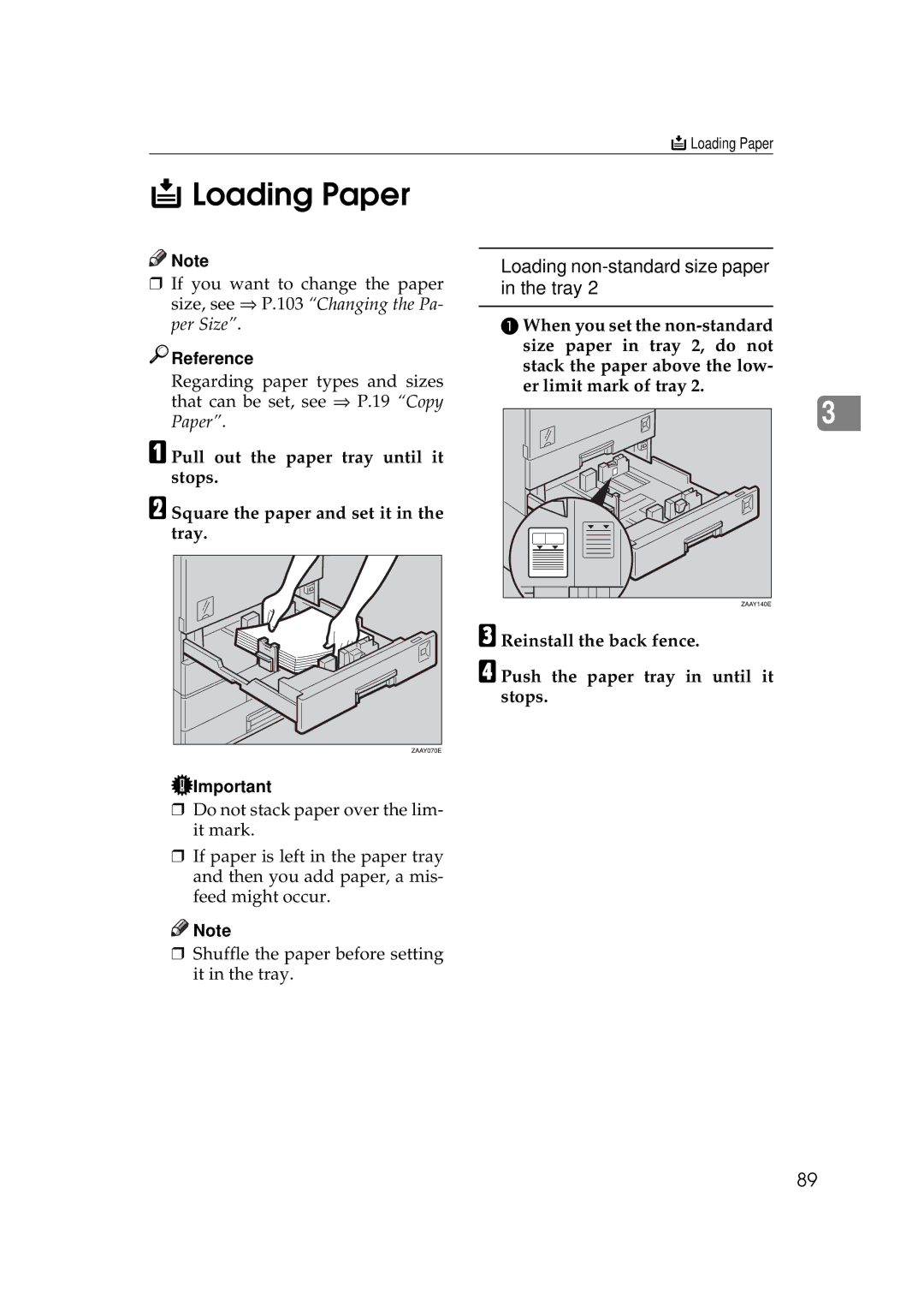 Ricoh 220, 270 operating instructions Loading Paper, Loading non-standard size paper in the tray 