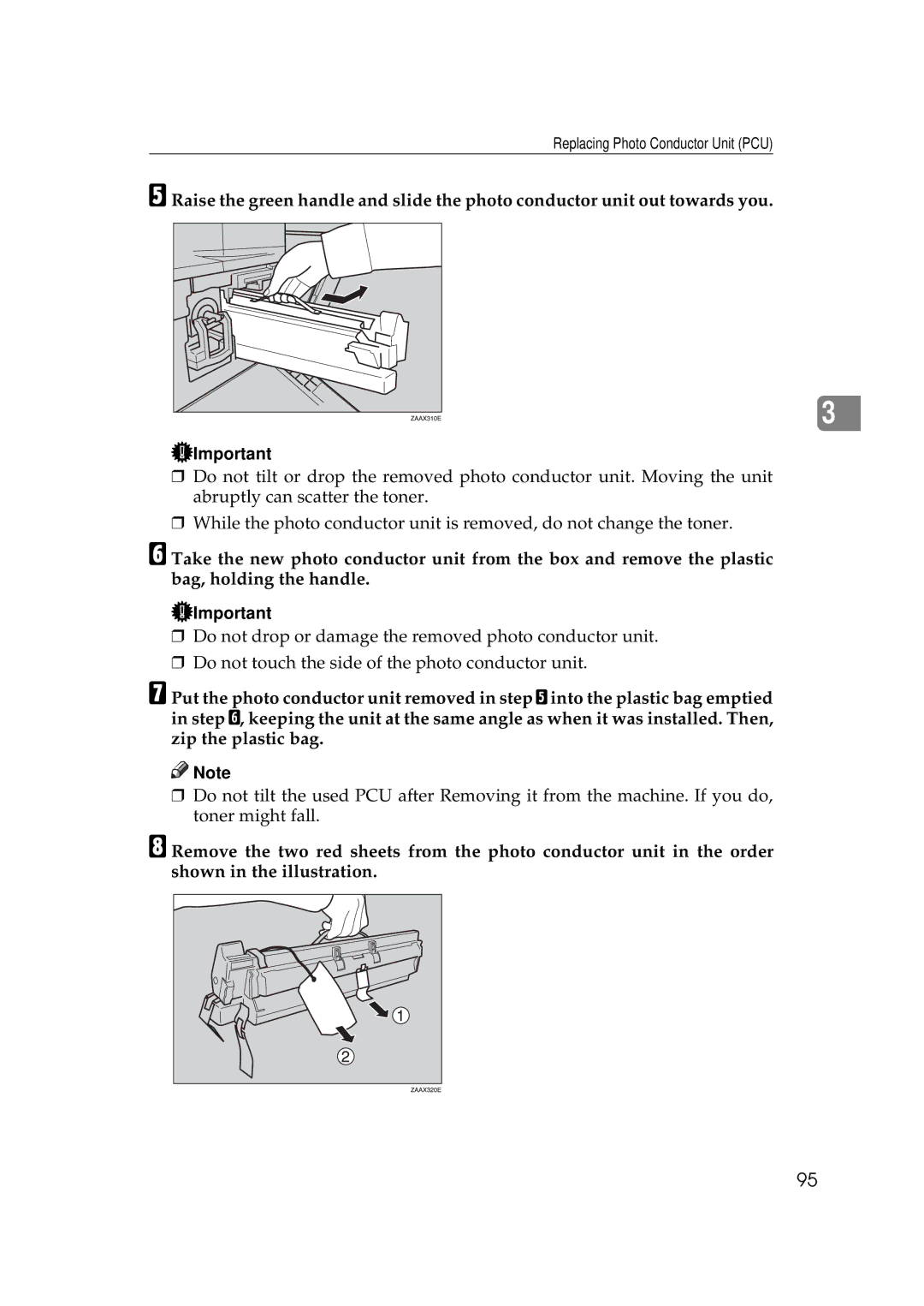 Ricoh 220, 270 operating instructions Replacing Photo Conductor Unit PCU 