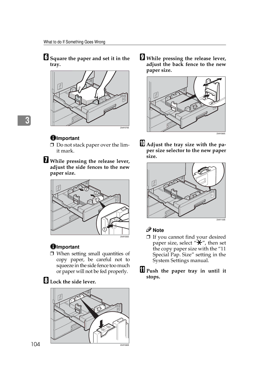 Ricoh 270, 220 operating instructions Lock the side lever, 104 