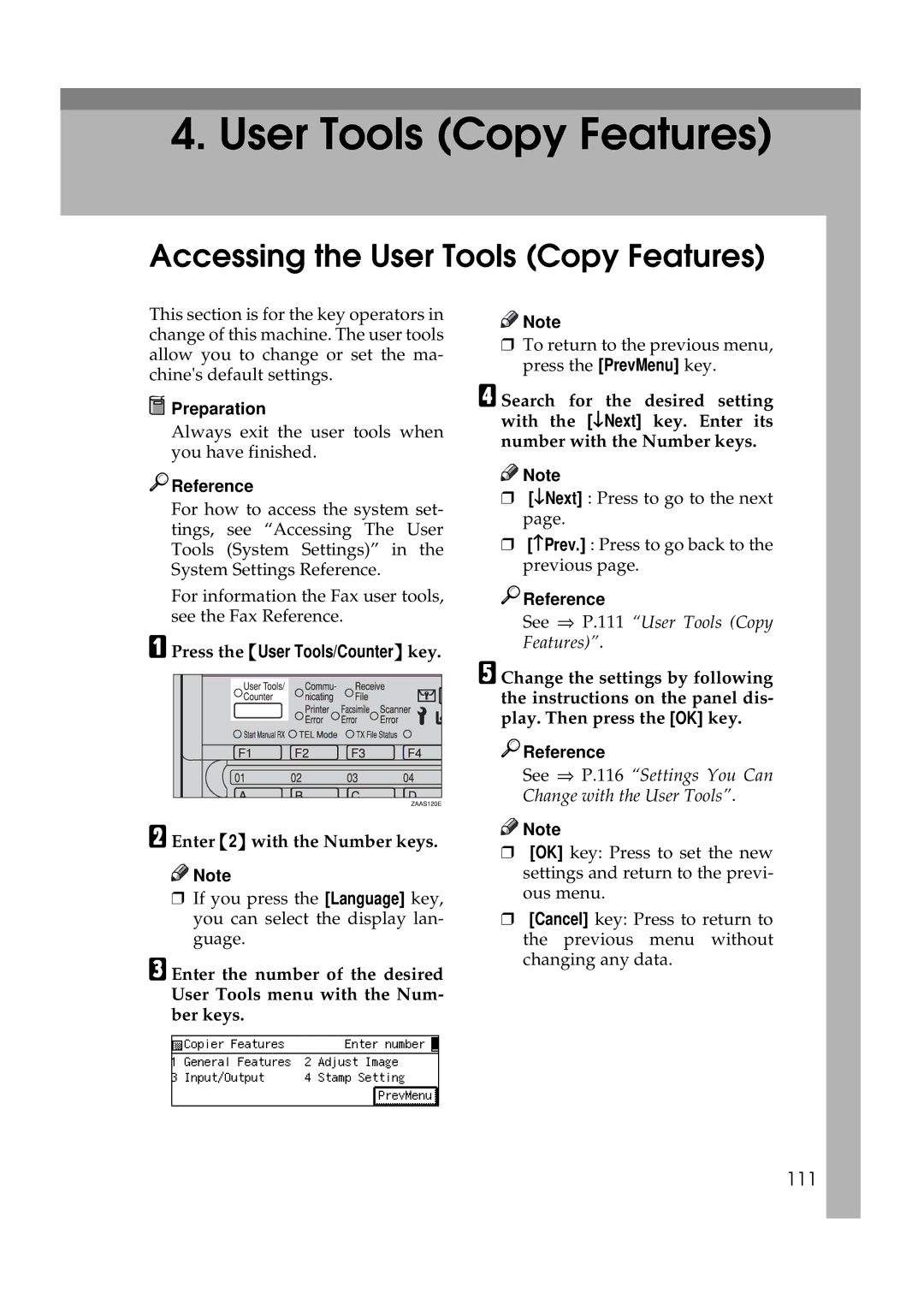 Ricoh 220, 270 operating instructions Accessing the User Tools Copy Features, 111, Enter 2 with the Number keys 