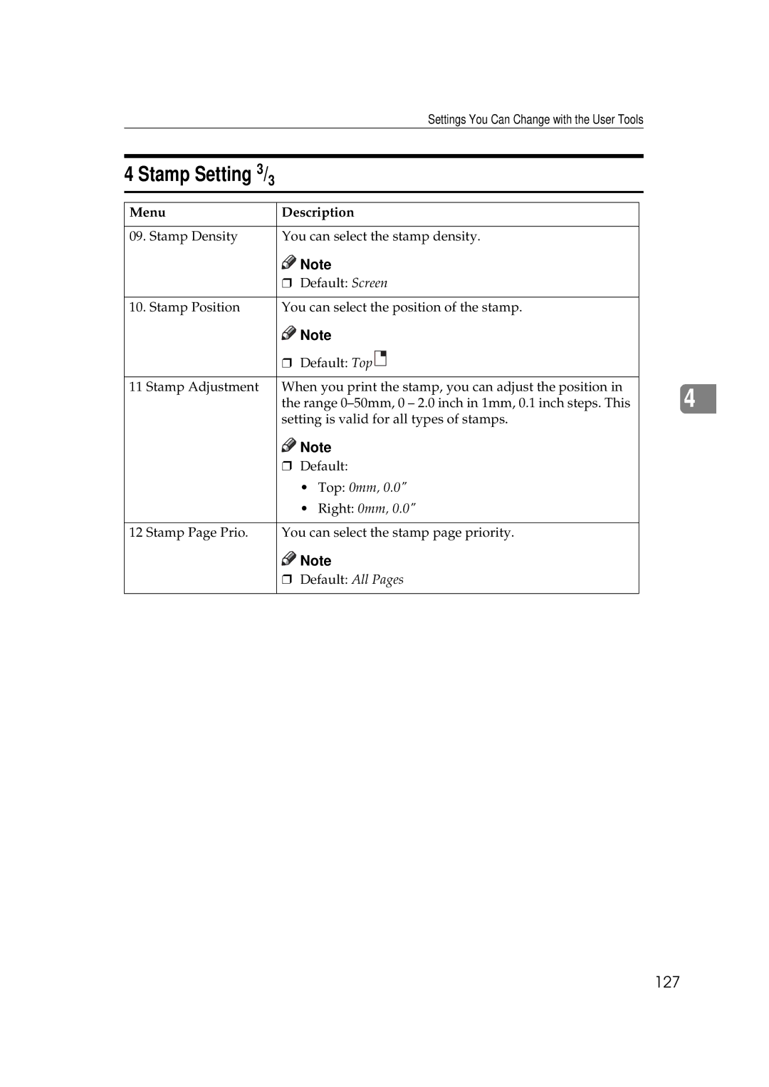 Ricoh 220, 270 operating instructions Stamp Setting, 127 