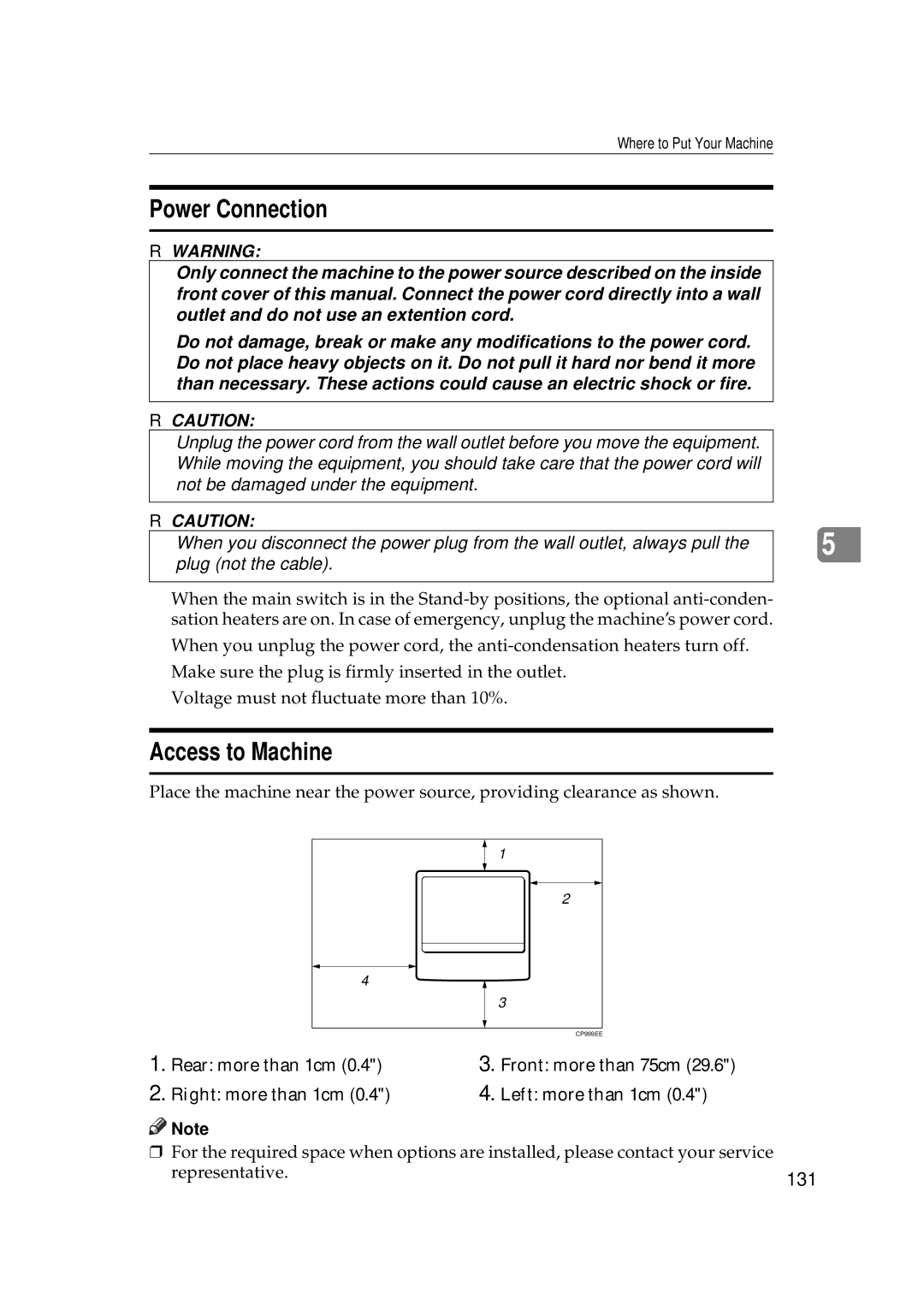 Ricoh 220, 270 operating instructions Power Connection, Access to Machine, 131 