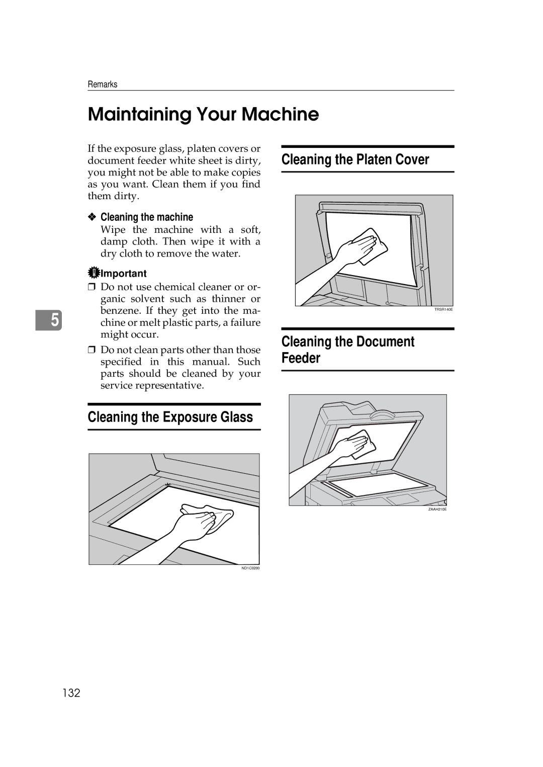 Ricoh 270 Maintaining Your Machine, Cleaning the Platen Cover, Cleaning the Document Feeder Cleaning the Exposure Glass 