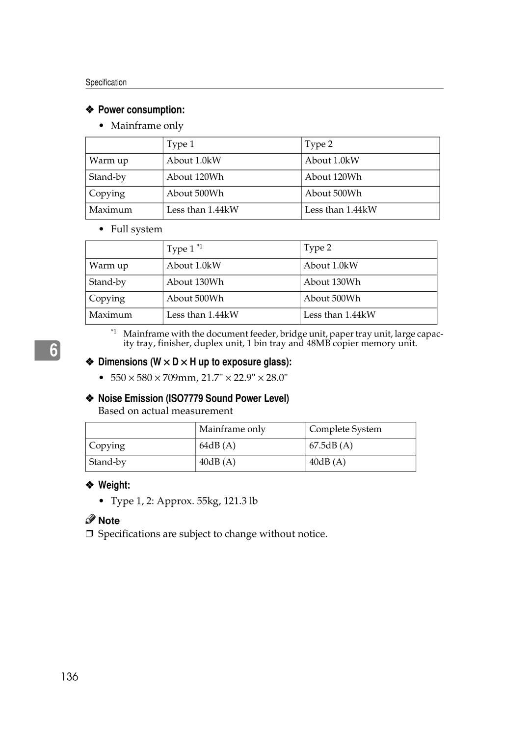 Ricoh 270, 220 operating instructions Power consumption, Weight, 136 