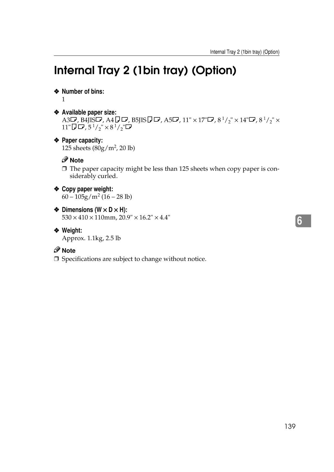 Ricoh 220, 270 operating instructions Internal Tray 2 1bin tray Option, Number of bins Available paper size, 139 