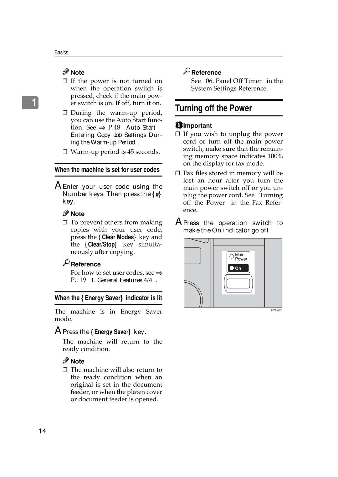 Ricoh 270 Turning off the Power, Press the Energy Saver key, Press the operation switch to make the On indicator go off 