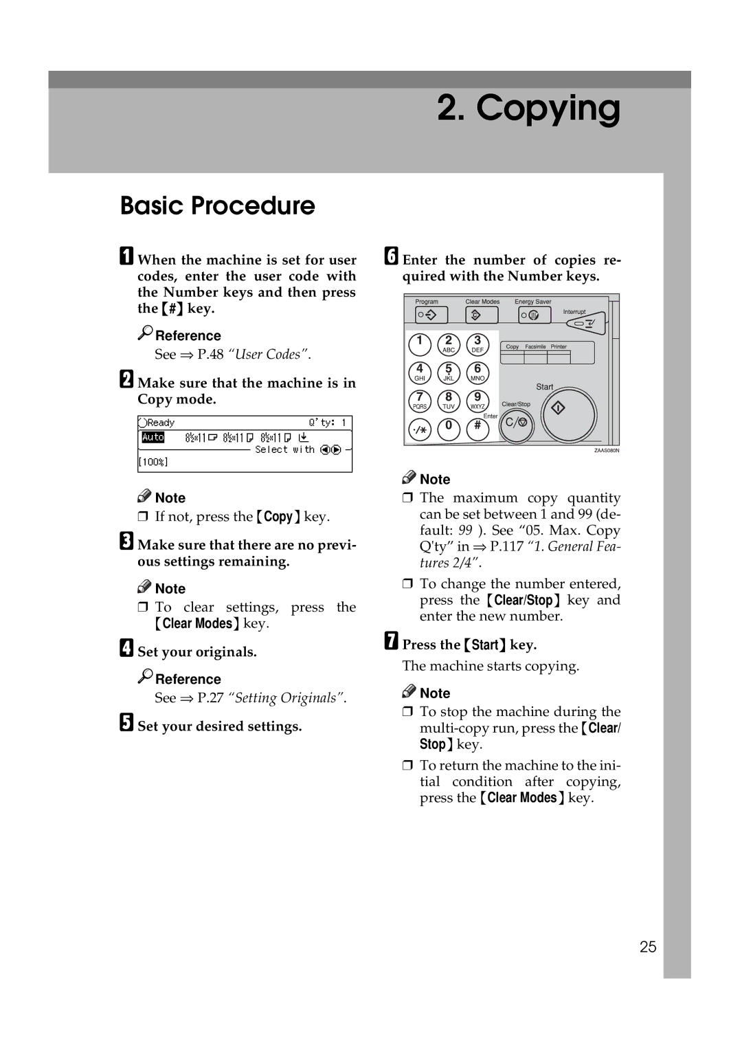 Ricoh 220, 270 Basic Procedure, Make sure that the machine is in Copy mode, Set your originals, Press the Start key 