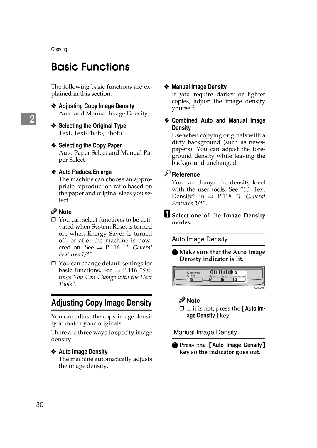 Ricoh 270, 220 operating instructions Basic Functions, Adjusting Copy Image Density 