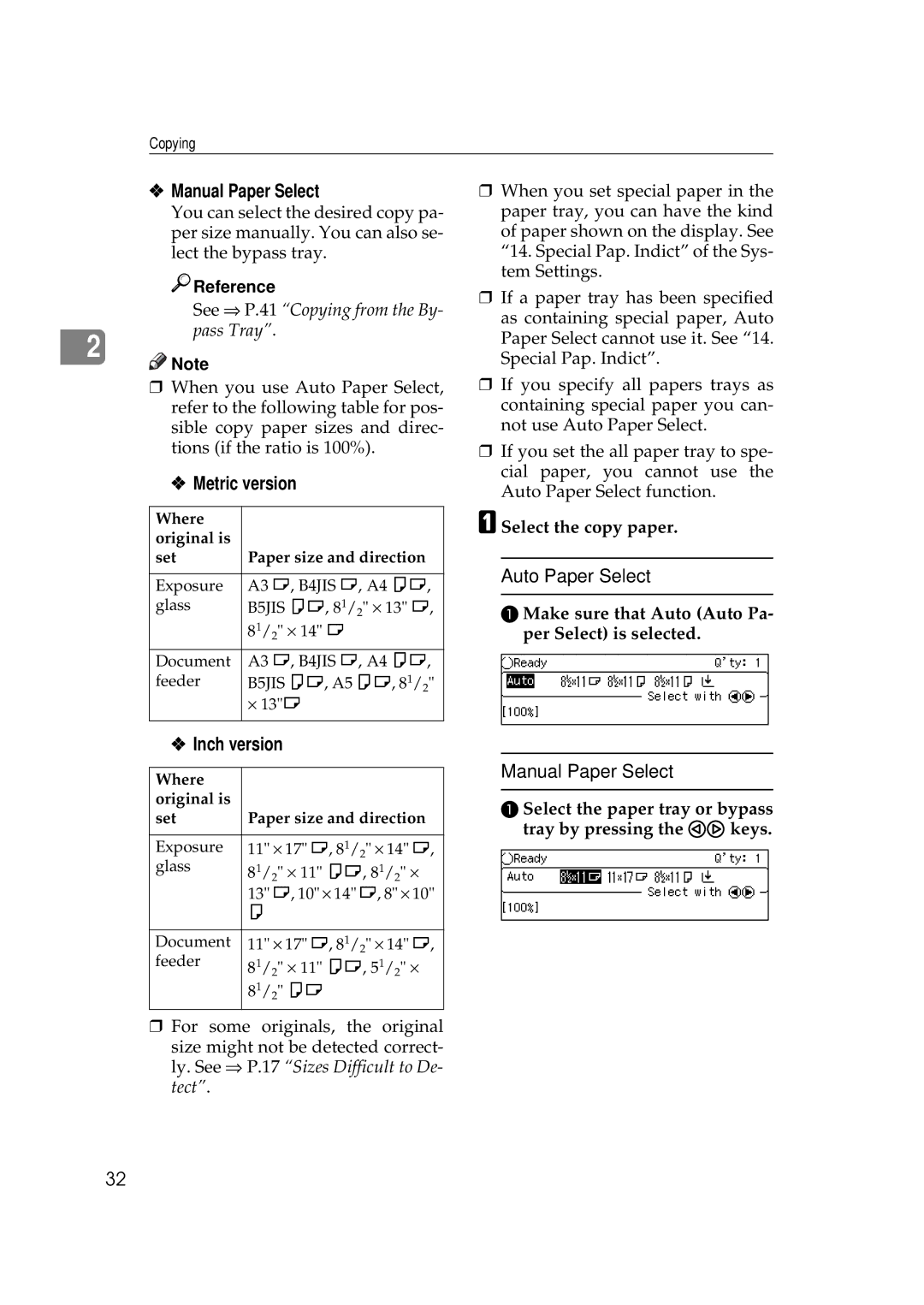 Ricoh 270, 220 operating instructions Manual Paper Select, Auto Paper Select, Select the copy paper 