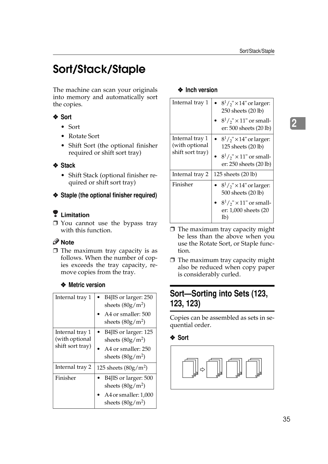 Ricoh 220, 270 operating instructions Sort/Stack/Staple, Sort-Sorting into Sets 123, 123 