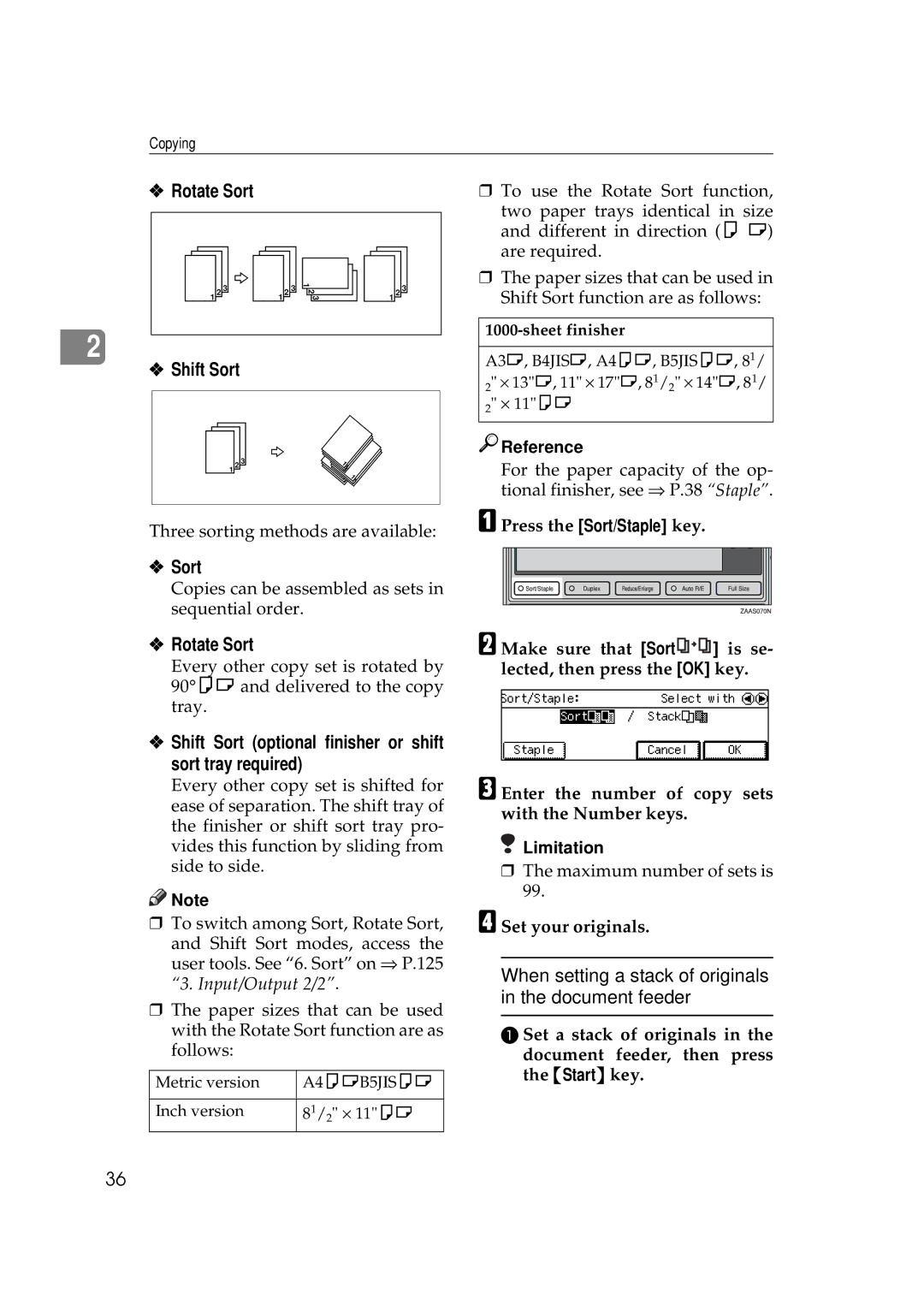 Ricoh 270, 220 operating instructions Rotate Sort Shift Sort, Shift Sort optional finisher or shift sort tray required 