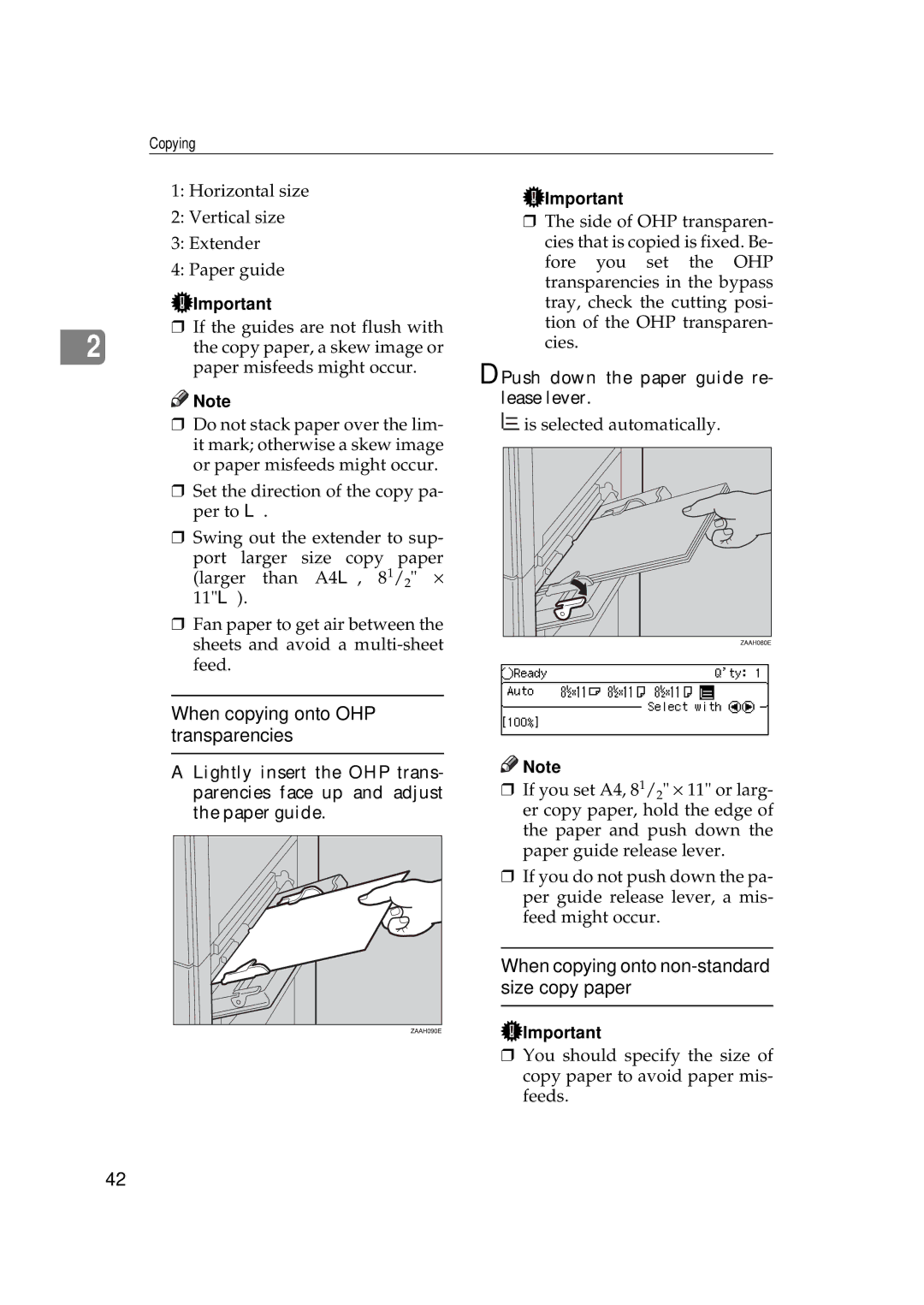 Ricoh 270, 220 operating instructions When copying onto OHP transparencies, When copying onto non-standard size copy paper 