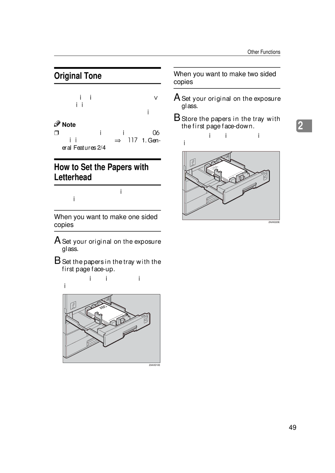 Ricoh 220, 270 Original Tone, How to Set the Papers with Letterhead, When you want to make two sided copies 