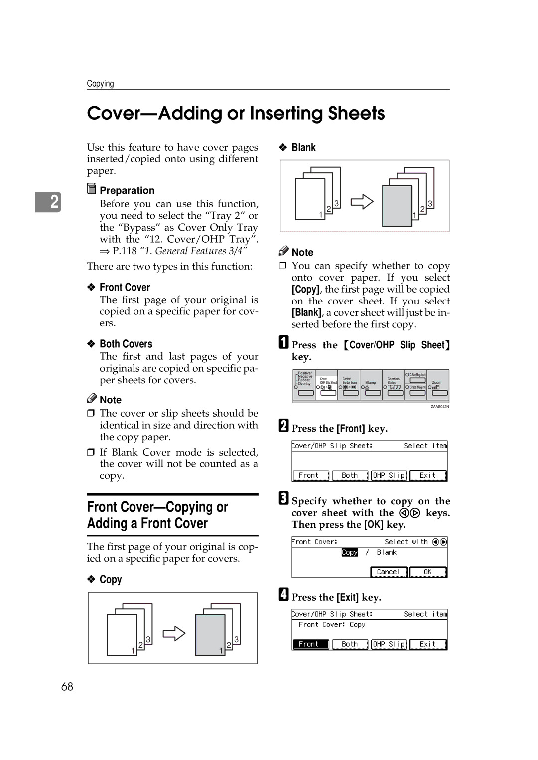 Ricoh 270, 220 Cover-Adding or Inserting Sheets, Front Cover-Copying or Adding a Front Cover, Both Covers, Copy Blank 