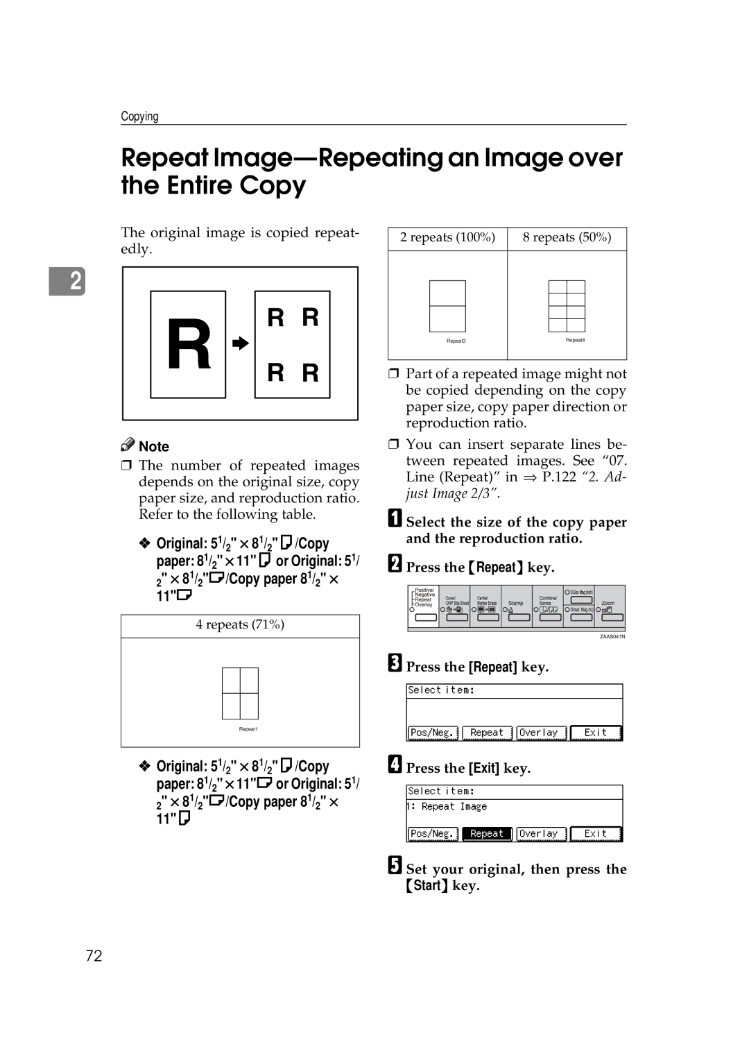 Ricoh 270, 220 Repeat Image-Repeating an Image over the Entire Copy, Original 51/2 × 81/2K/Copy, 11L, 11K 