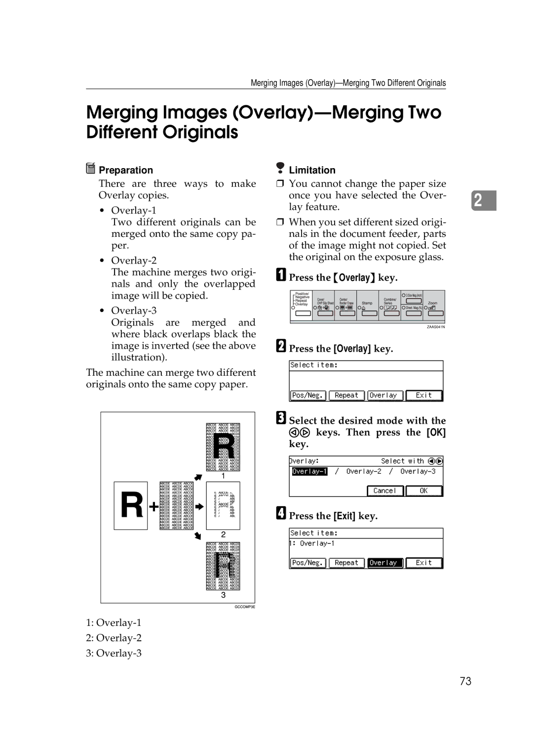 Ricoh 220, 270 operating instructions Merging Images Overlay-Merging Two Different Originals 