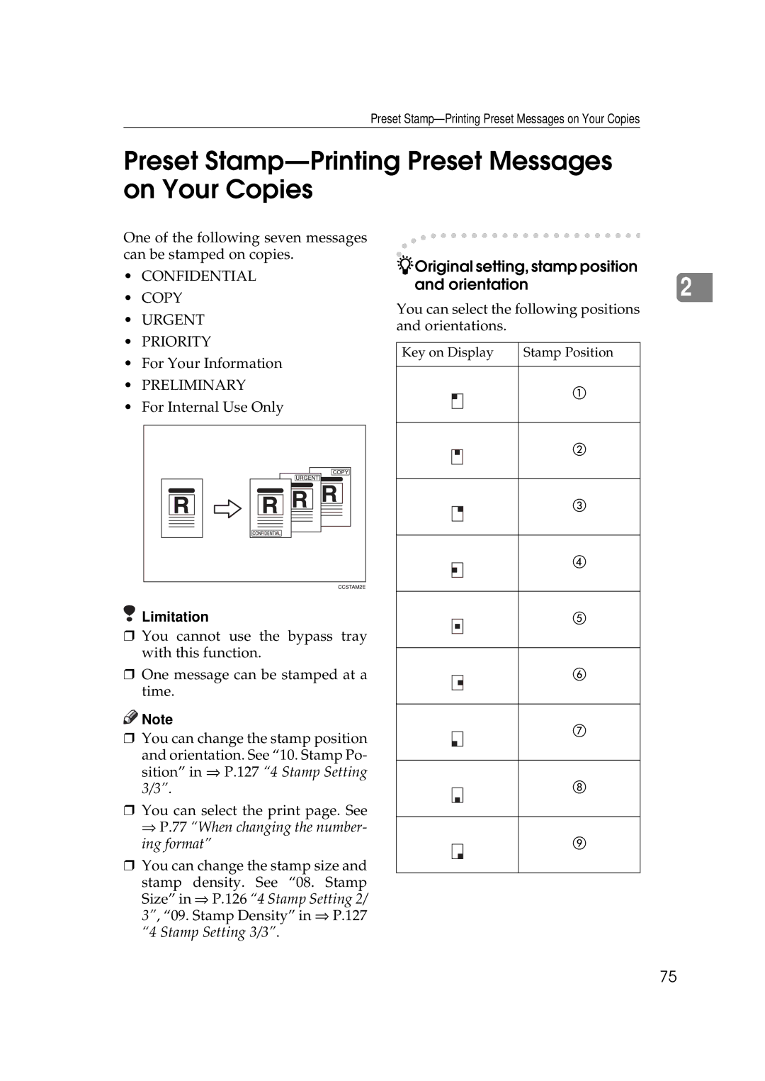 Ricoh 220, 270 Preset Stamp-Printing Preset Messages on Your Copies, Original setting, stamp position Orientation 