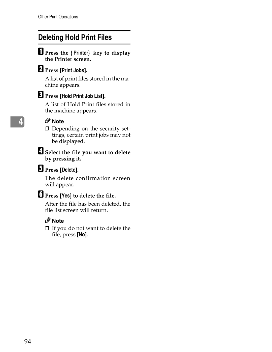 Ricoh 3030 appendix Deleting Hold Print Files, Press the Printer key to display the Printer screen 