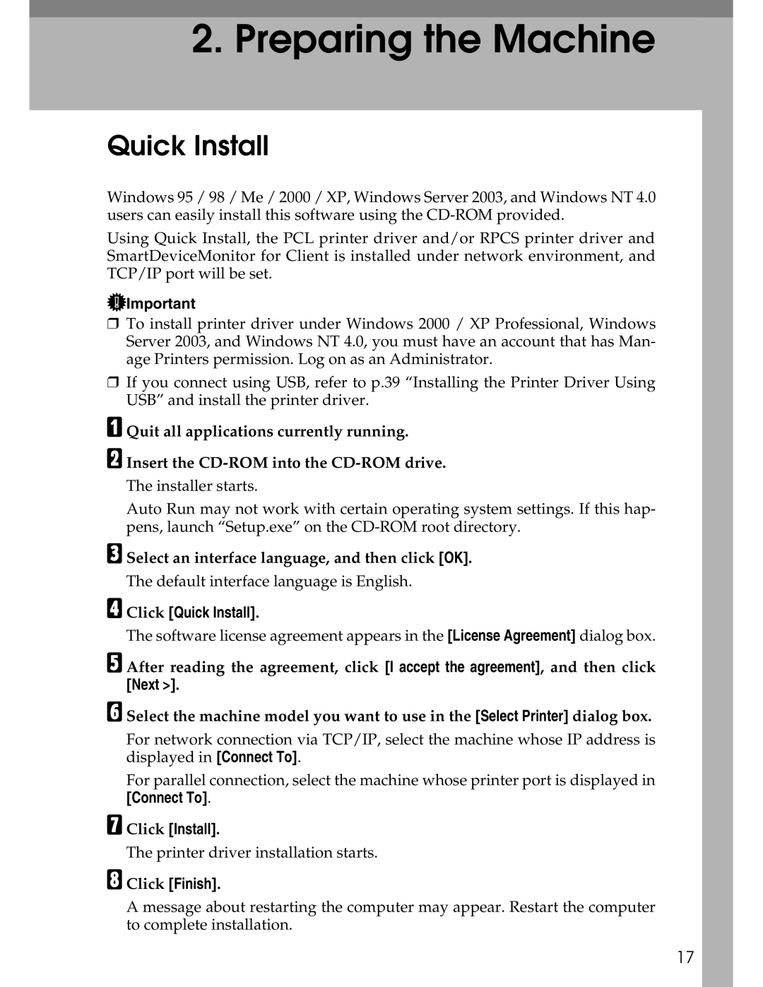 Ricoh 3030 appendix Click Quick Install, Click Install, Click Finish 