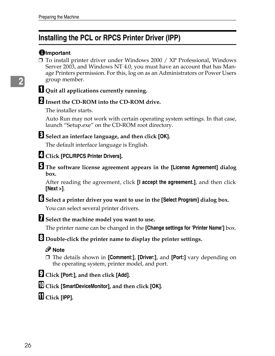 Ricoh 3030 appendix Installing the PCL or Rpcs Printer Driver IPP 