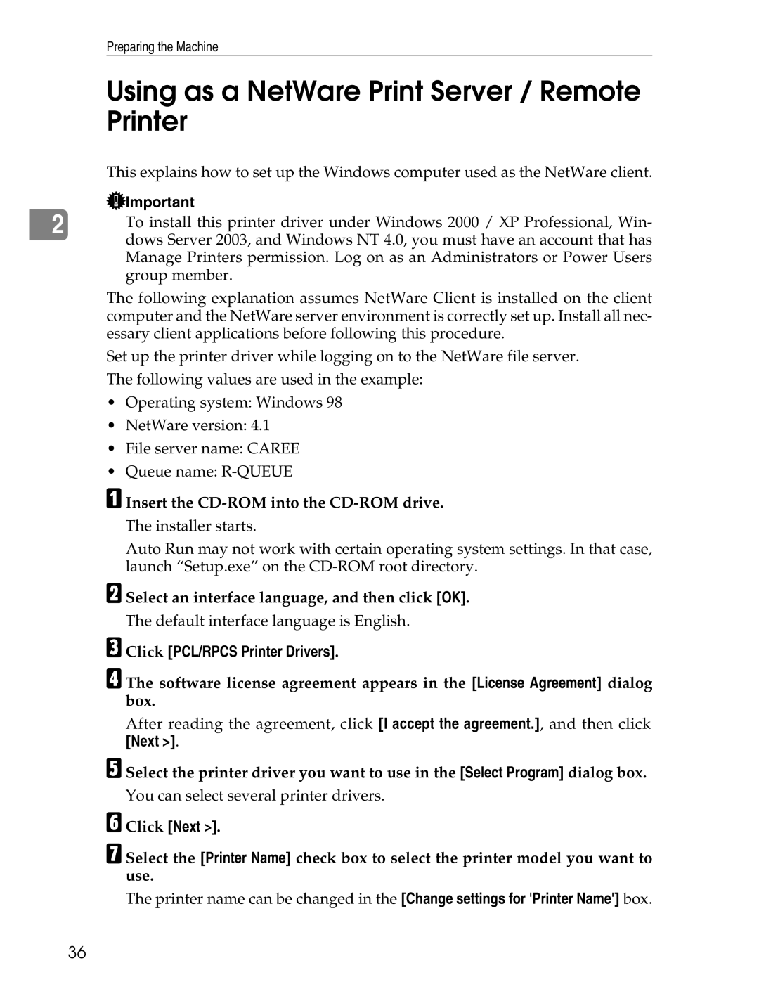 Ricoh 3030 appendix Using as a NetWare Print Server / Remote Printer 