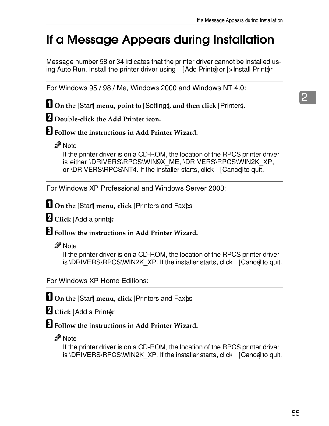 Ricoh 3030 appendix If a Message Appears during Installation, Follow the instructions in Add Printer Wizard 