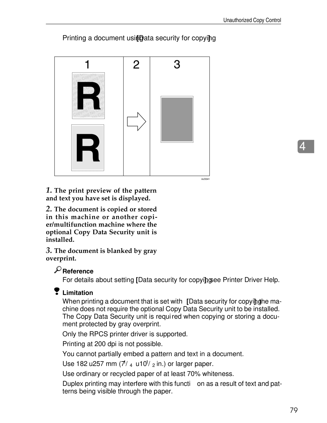 Ricoh 3030 appendix Printing a document using Data security for copying 