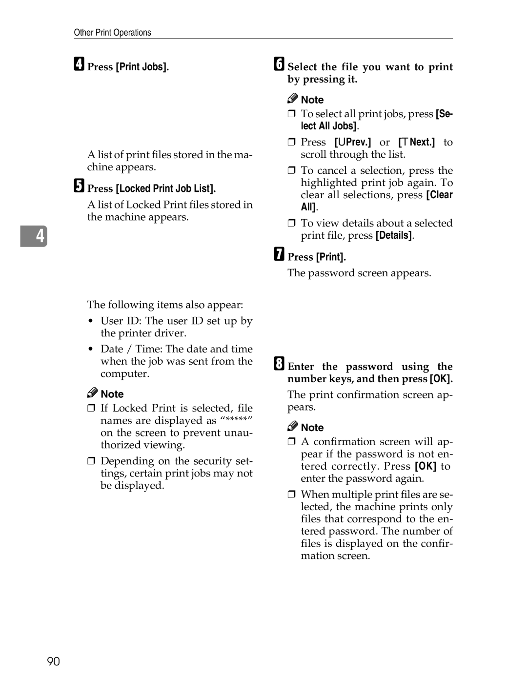 Ricoh 3030 appendix Press Locked Print Job List, Press Print, Enter the password using the number keys, and then press OK 